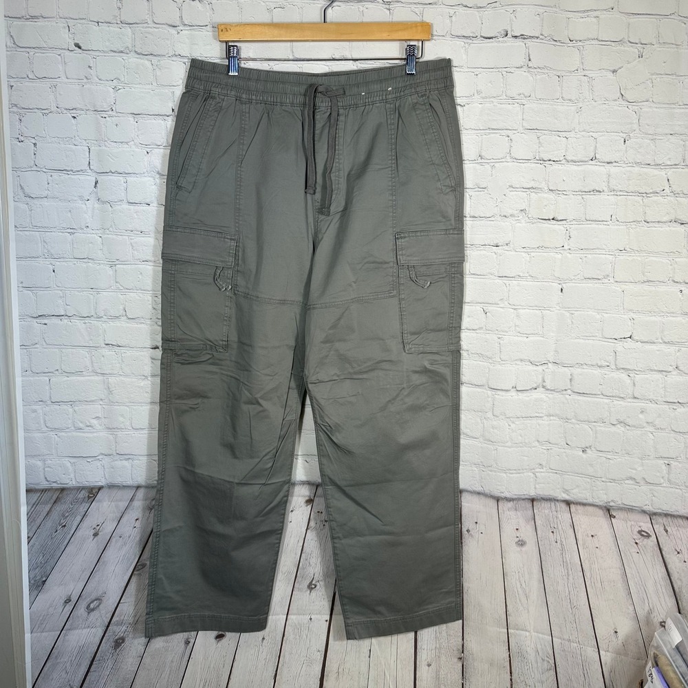Hollister Baggy Cargo Pants Mens XL Olive Gray Elastic Waist Drawstring Cotton